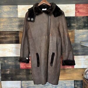 Akris Punto Shearling Leather Jacket Parks Coat Brown Hooded Size 6